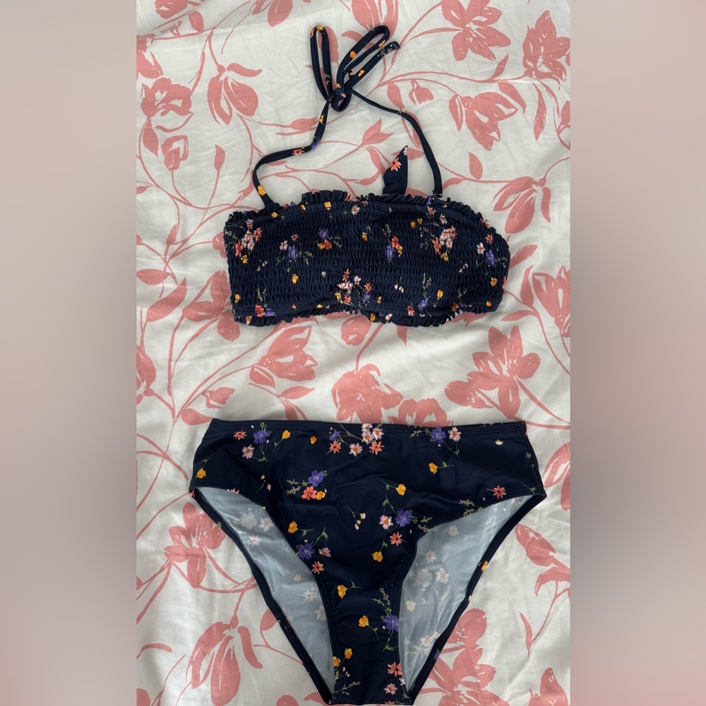 Navy Floral Smocked Bikini Set with Halter Strap